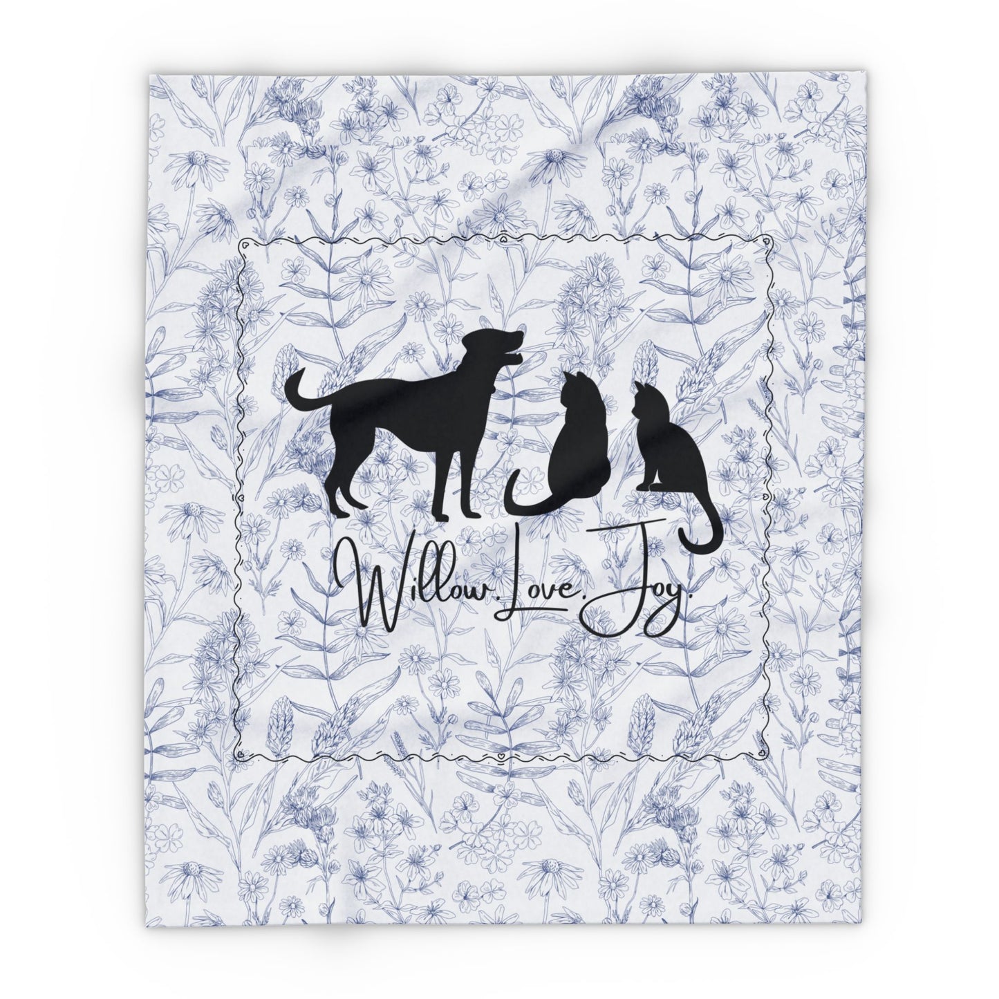 Floral Print silhouette of a dog and two cats, featuring the text 'Willow Love Joy'. larger size
