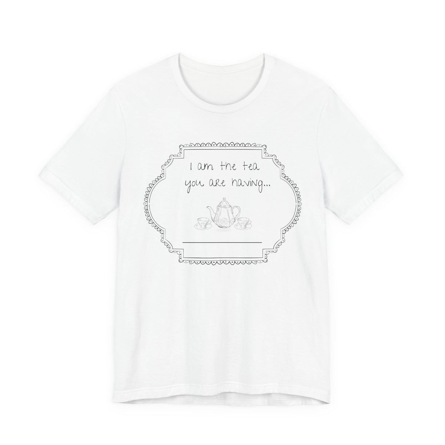 White t-shirt with black text and design on a white background