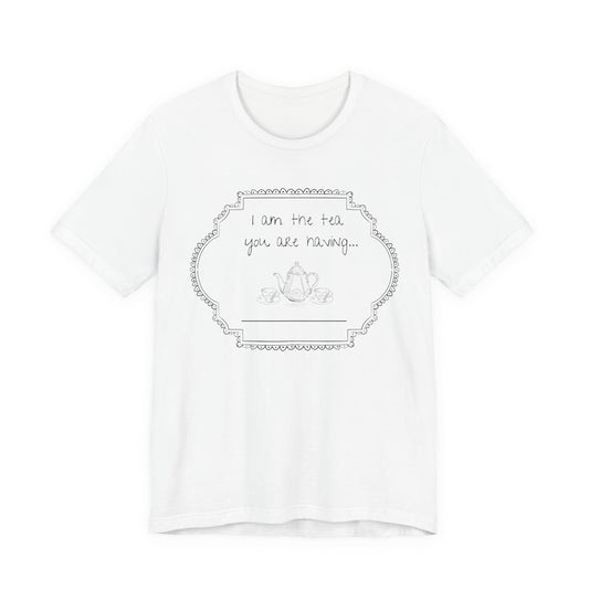 White t-shirt with black text and design on a white background