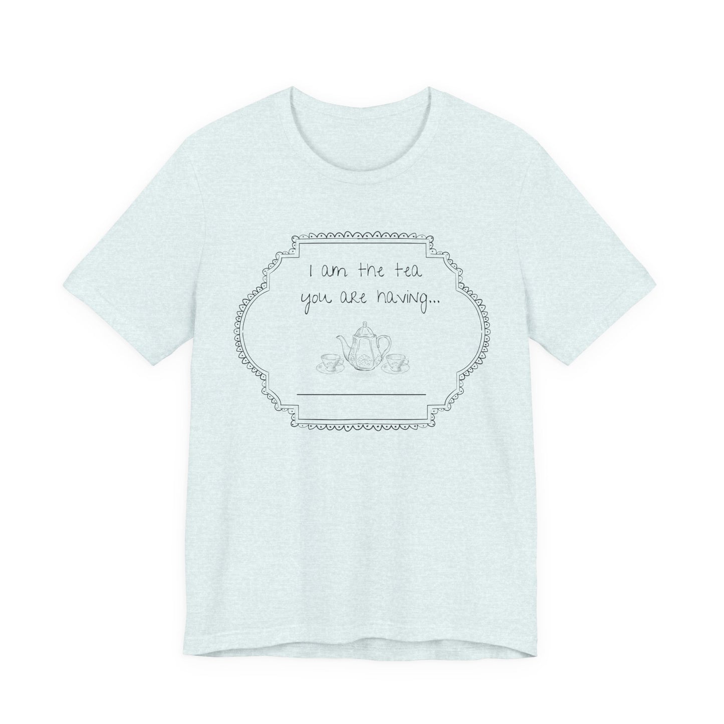 Lightest blue t-shirt with a graphic design and text in black on a white background