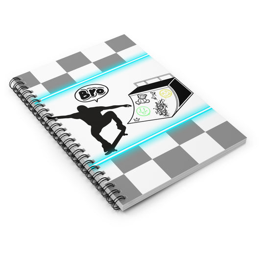 Notebook with checkered design and graphic elements on a white background