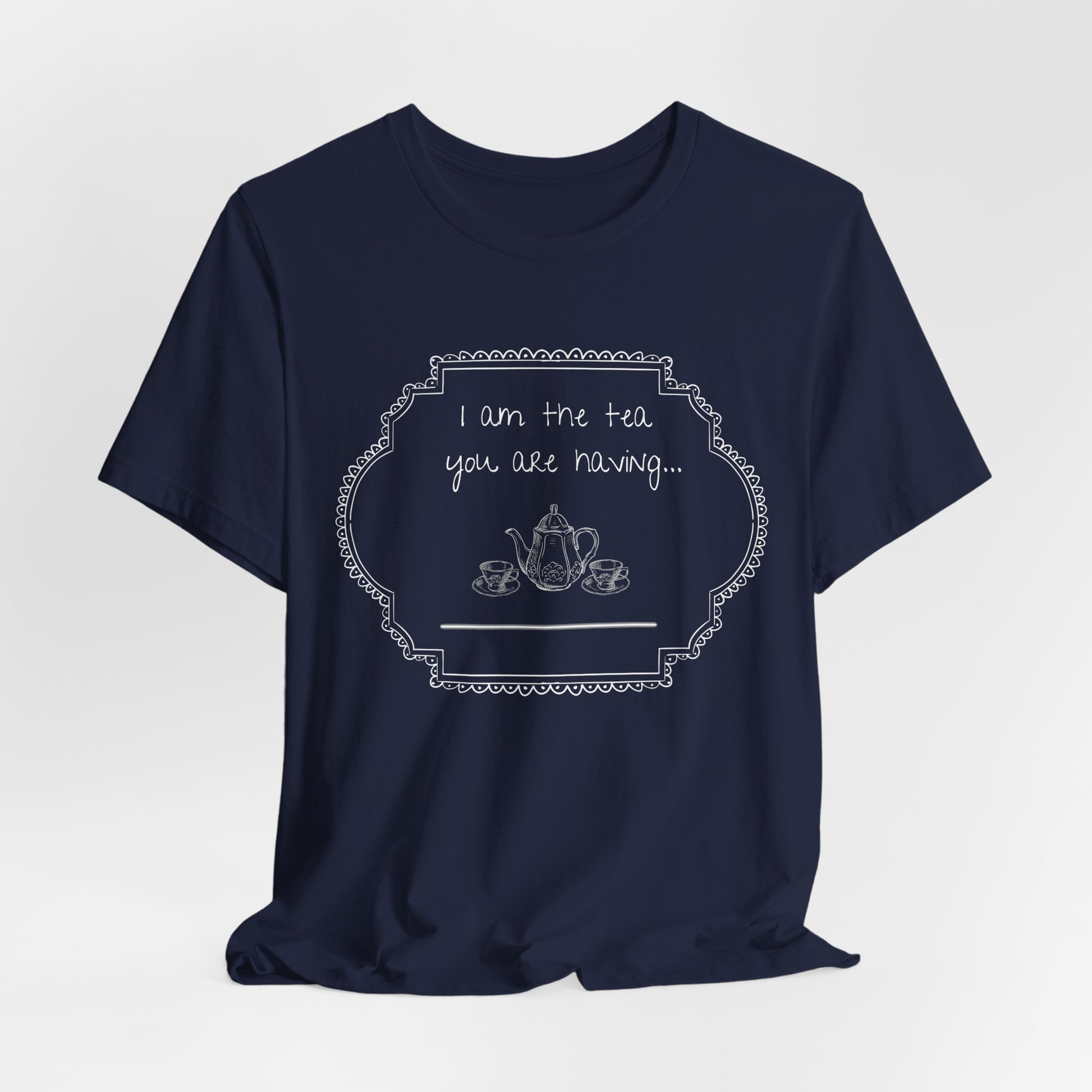 Navy blue t-shirt with text on a light gray studio background