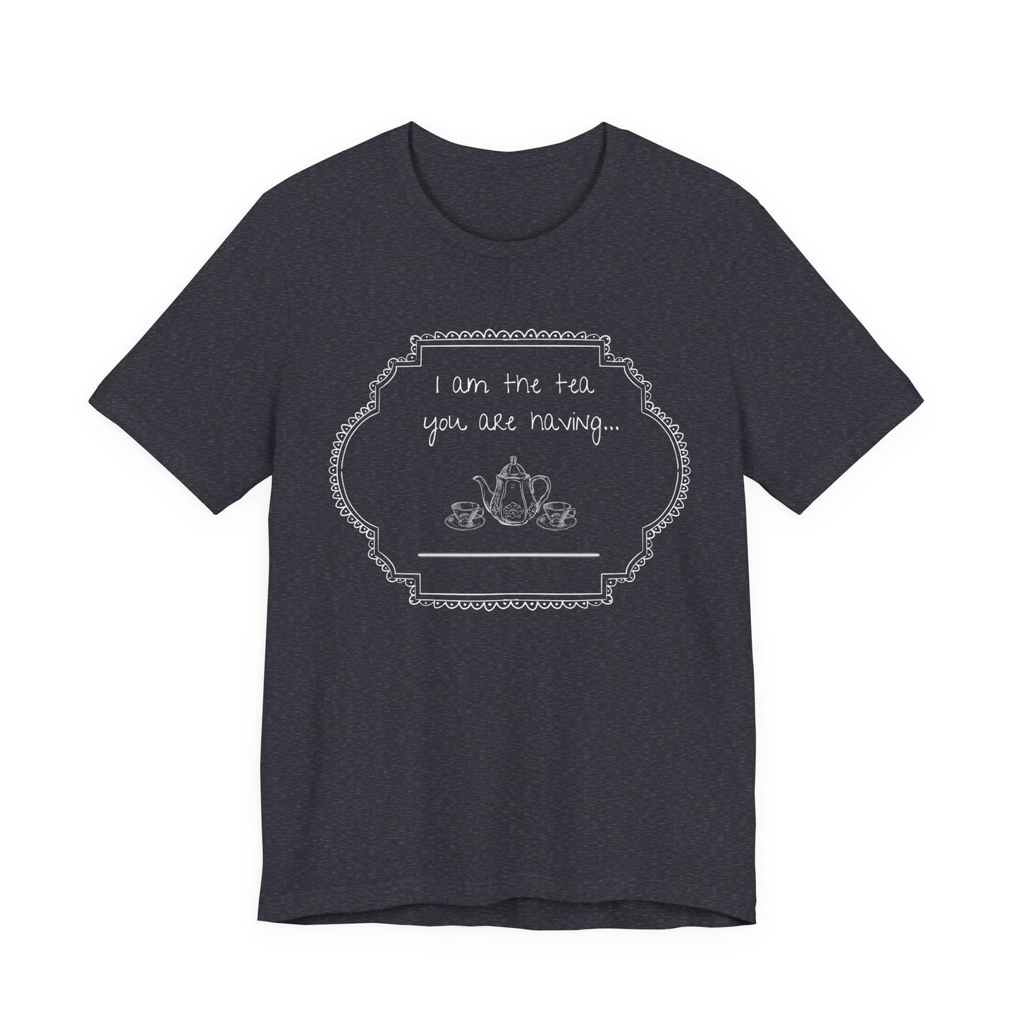 Grey t-shirt with white graphic and text on a white background