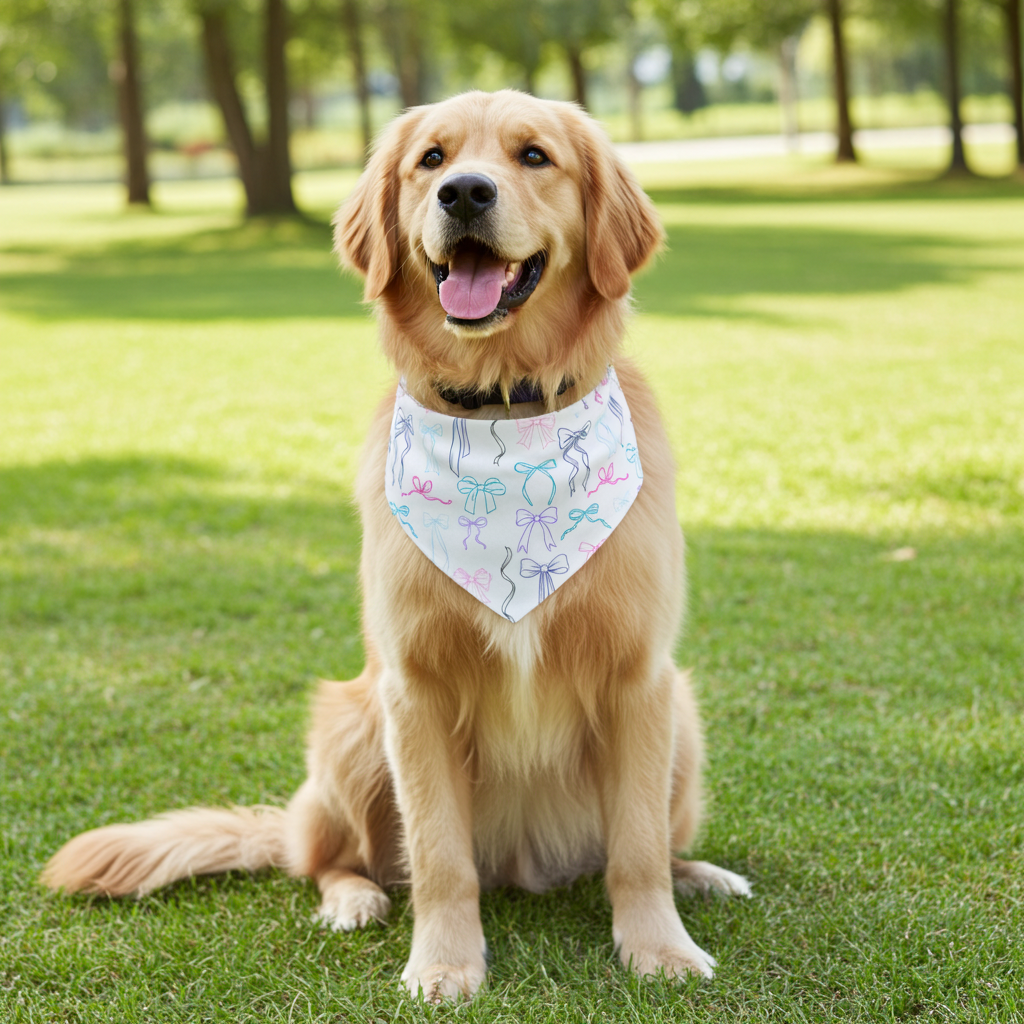Golden retriever wearing a bandana sitting on grass with trees in the background