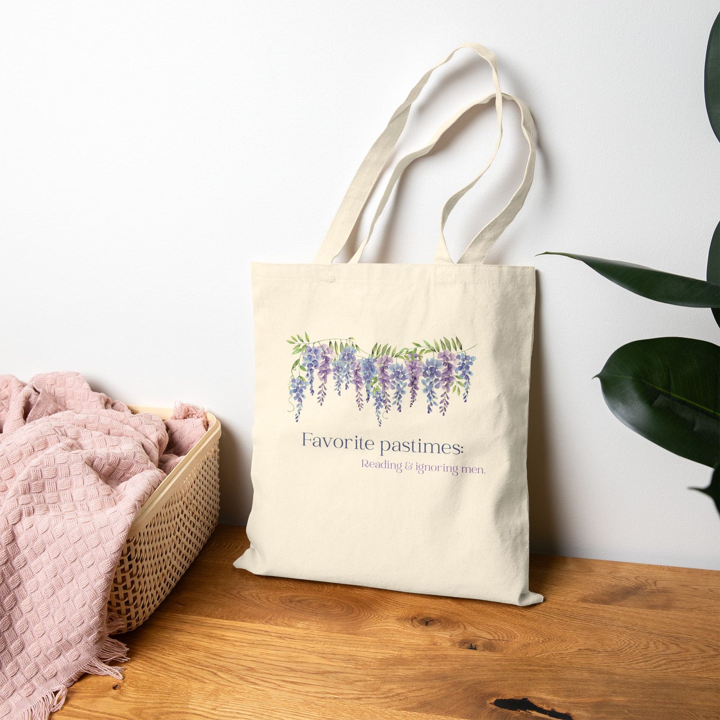 Funny Tote "Favorite Pastimes: Reading & ignoring men" Wisteria Print Bag
