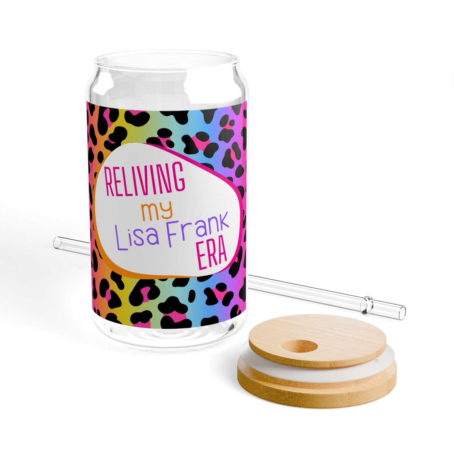 Reliving my Lisa Frank era 16 oz Sipper Glass | Colorful Leopard Print