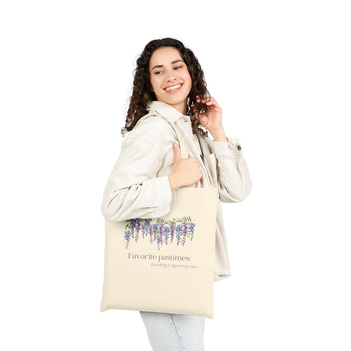 Funny Tote "Favorite Pastimes: Reading & ignoring men" Wisteria Print Bag