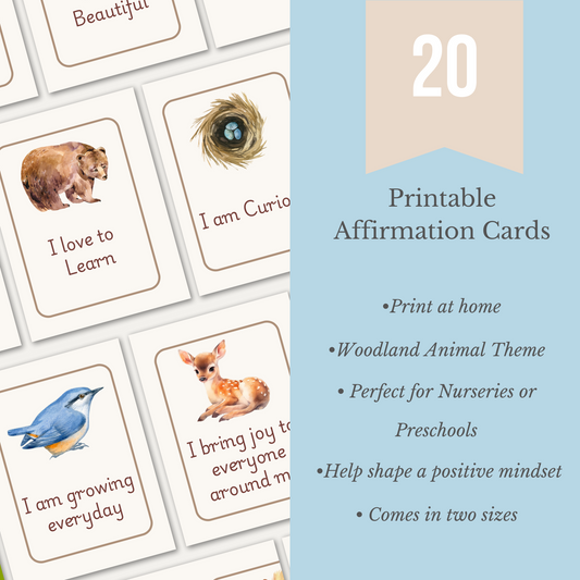 Set of 20 printable affirmation cards with woodland animal theme on a white background.