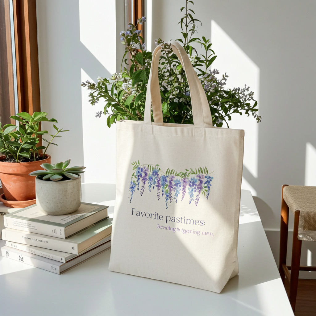 Funny Tote "Favorite Pastimes: Reading & ignoring men" Wisteria Print Bag