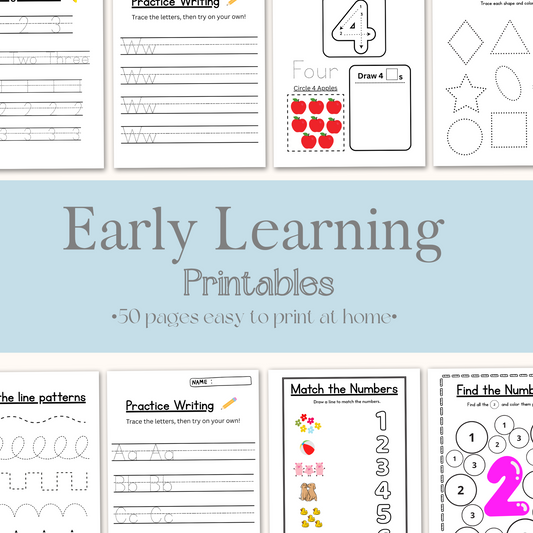 Collection of early learning worksheets with educational activities.