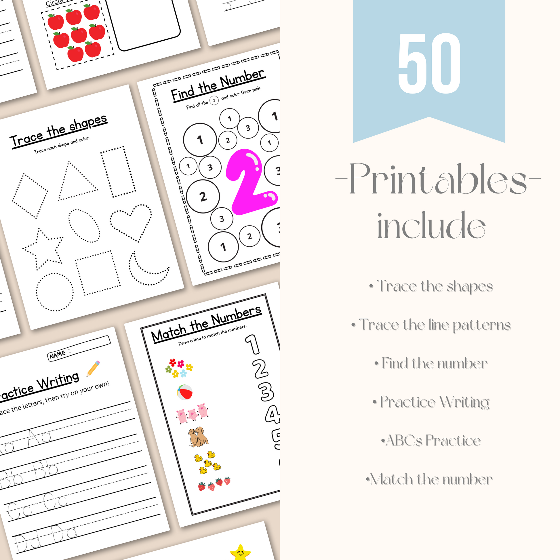 Collection of educational worksheets for children with text indicating 50 printables included.
