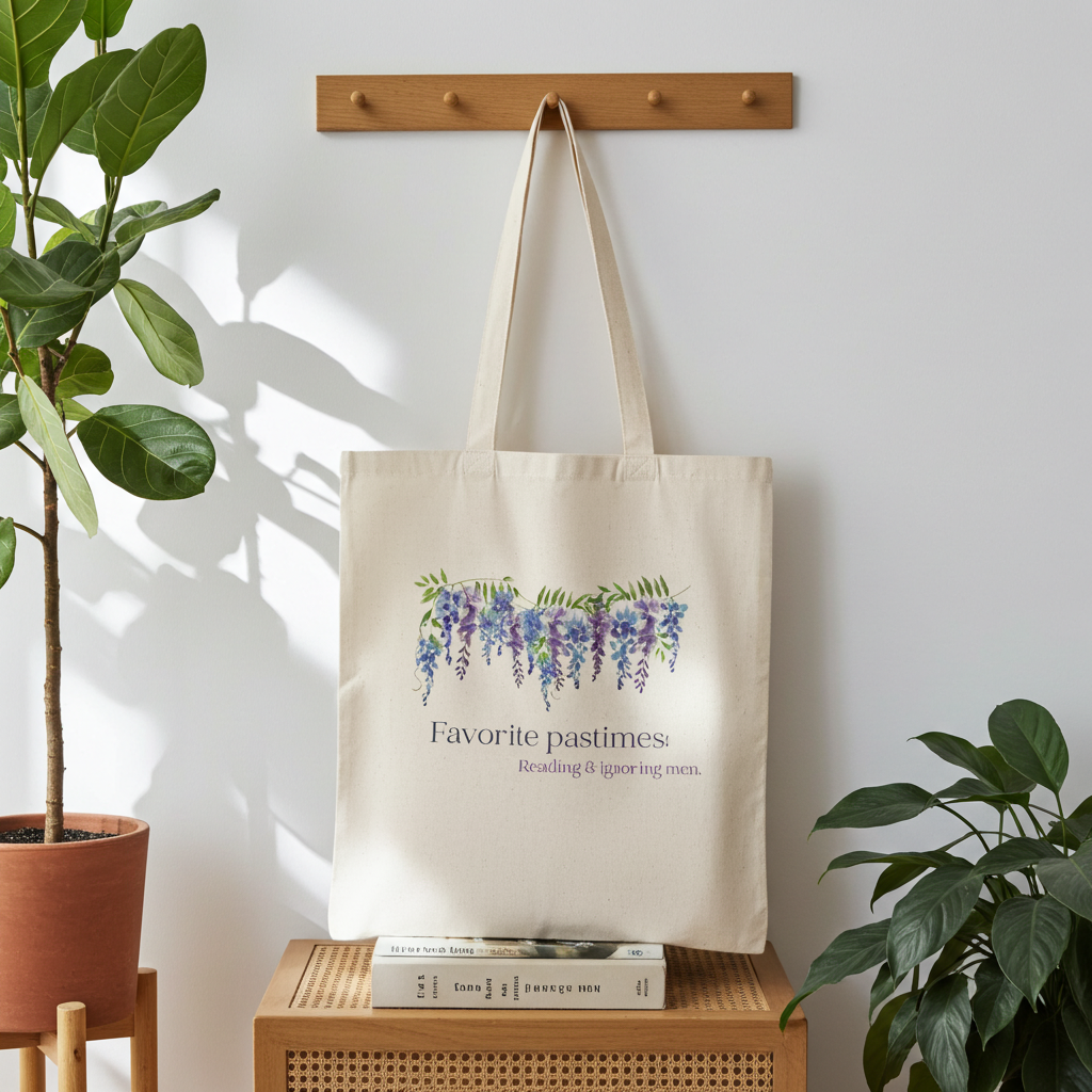 Funny Tote "Favorite Pastimes: Reading & ignoring men" Wisteria Print Bag